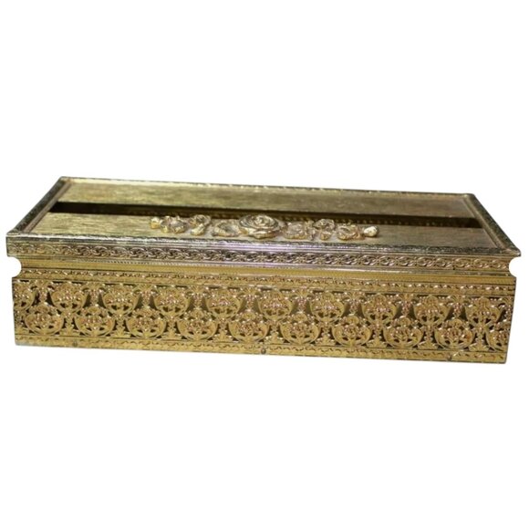 Vintage Gold Filigree Hollywood Regency Ornate Tissue Kleenex Box Holder - Picture 1 of 7